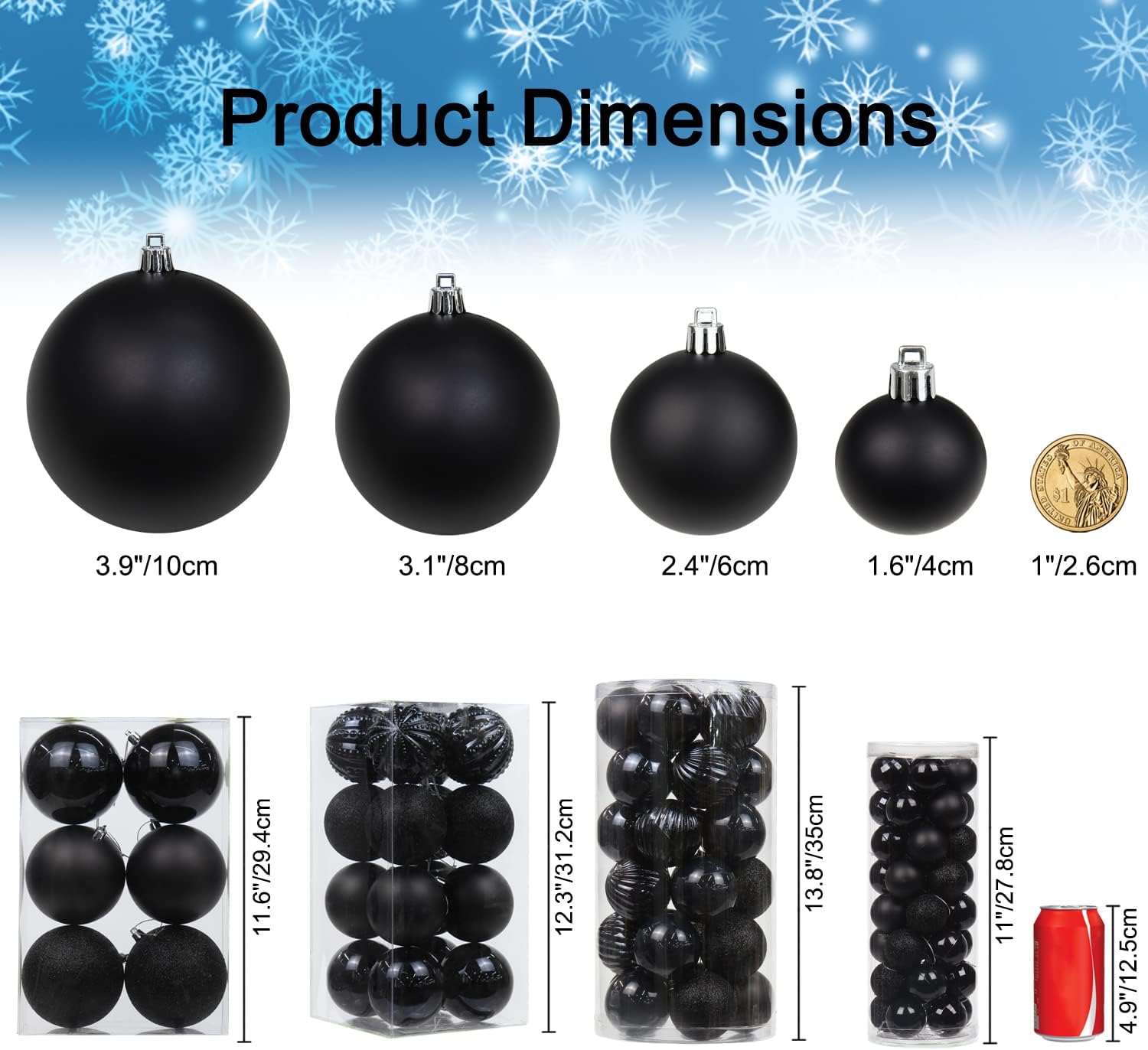 Adornos de bola de Navidad de 1.57 pulgadas, juego de adornos de Navidad negros inastillables, 40 piezas de adornos negros para árbol de Navidad,