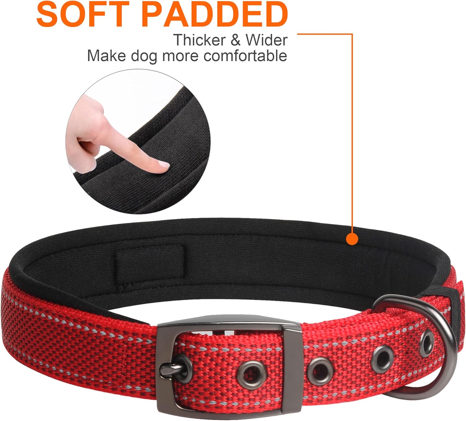 Fida Collar para perro resistente, ultra cómodo y acolchado de neopreno suave, collar de nailon reflectante ajustable para mascotas con hebilla de