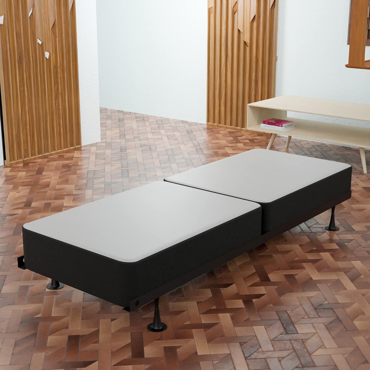 Somier resistente de 4 pulgadas para soporte de colchón, duradero y totalmente montado, base de madera natural para individual XL, negro