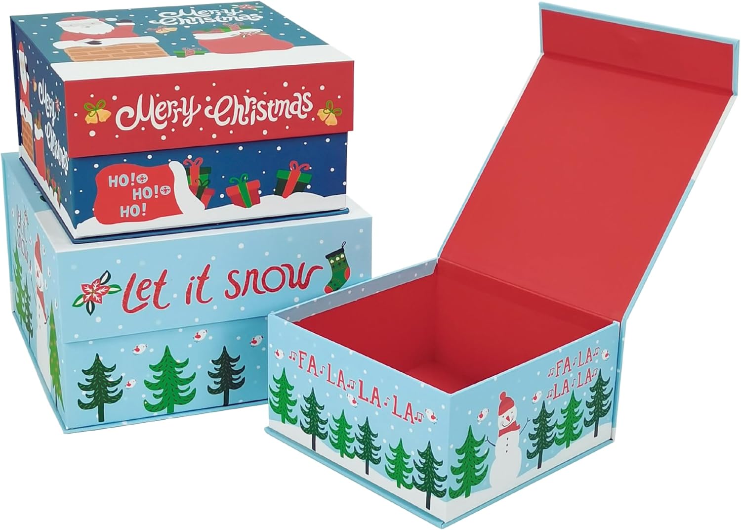 VOTUM Juego de 3 cajas de almacenamiento anidables para las fiestas, contenedores decorativos de cartón apilables con tapas ajustadas y refranes de