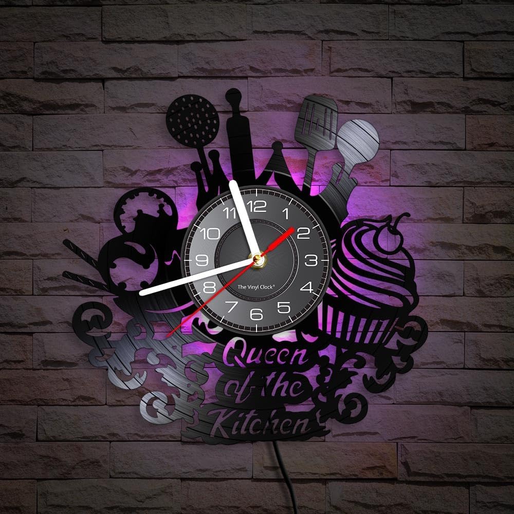 Reloj de pared de disco de vinilo de cocina de 12 pulgadas con 7 modos luminosos, moderno, decorativo, silencioso, de cuarzo, sin tictac, negro,
