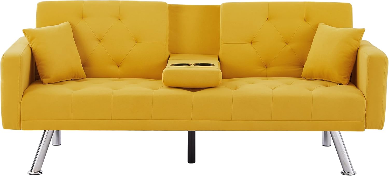 Cama futón plegable convertible tapizada de lino, sofá biplaza capitoné con botones, espacio de vida compacto, apartamento, dormitorio, habitación