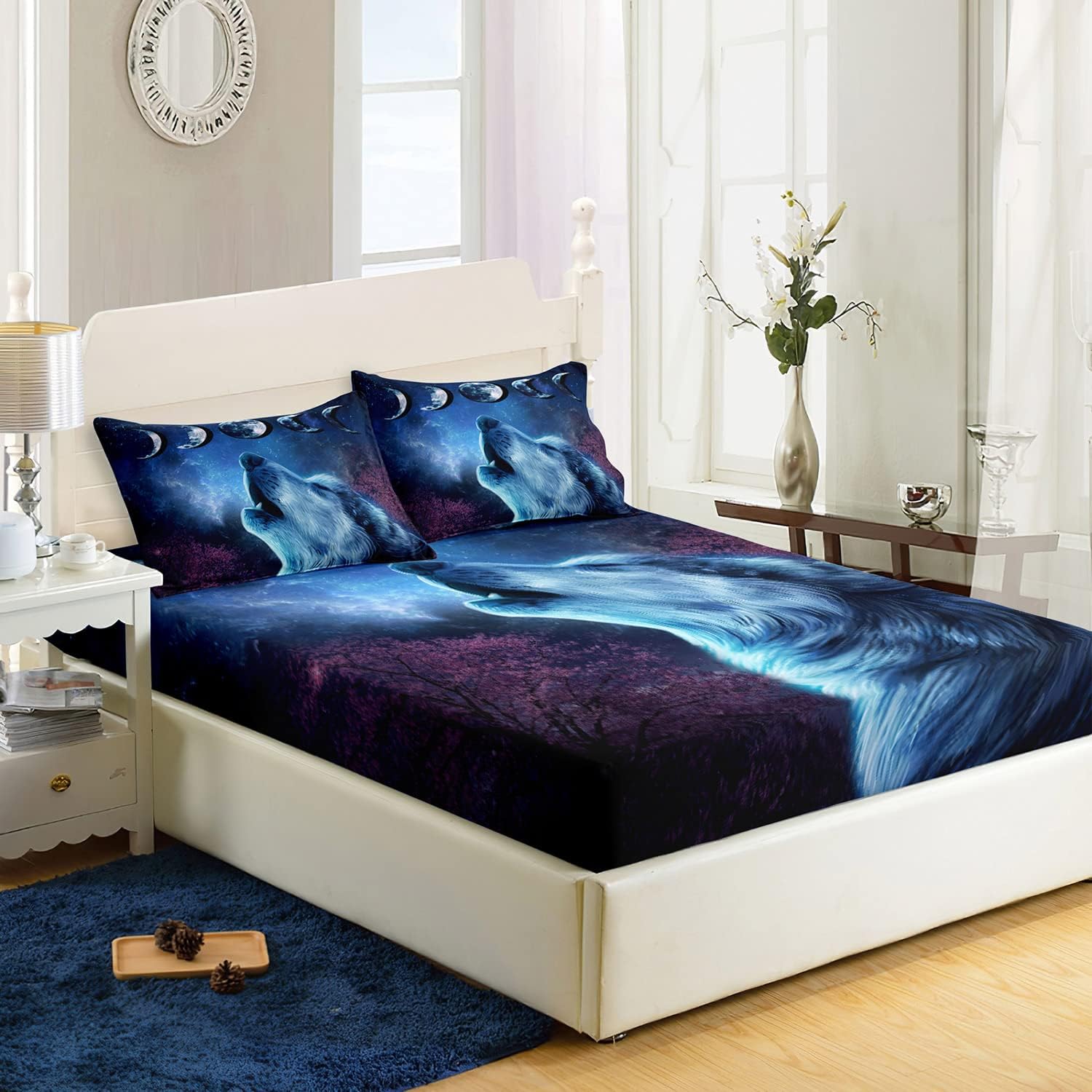 XYNHML Juego de sábanas de lobo, juego de ropa de cama con diseño de galaxia y luna nocturna y lobo aullador, juego de cama para niños y