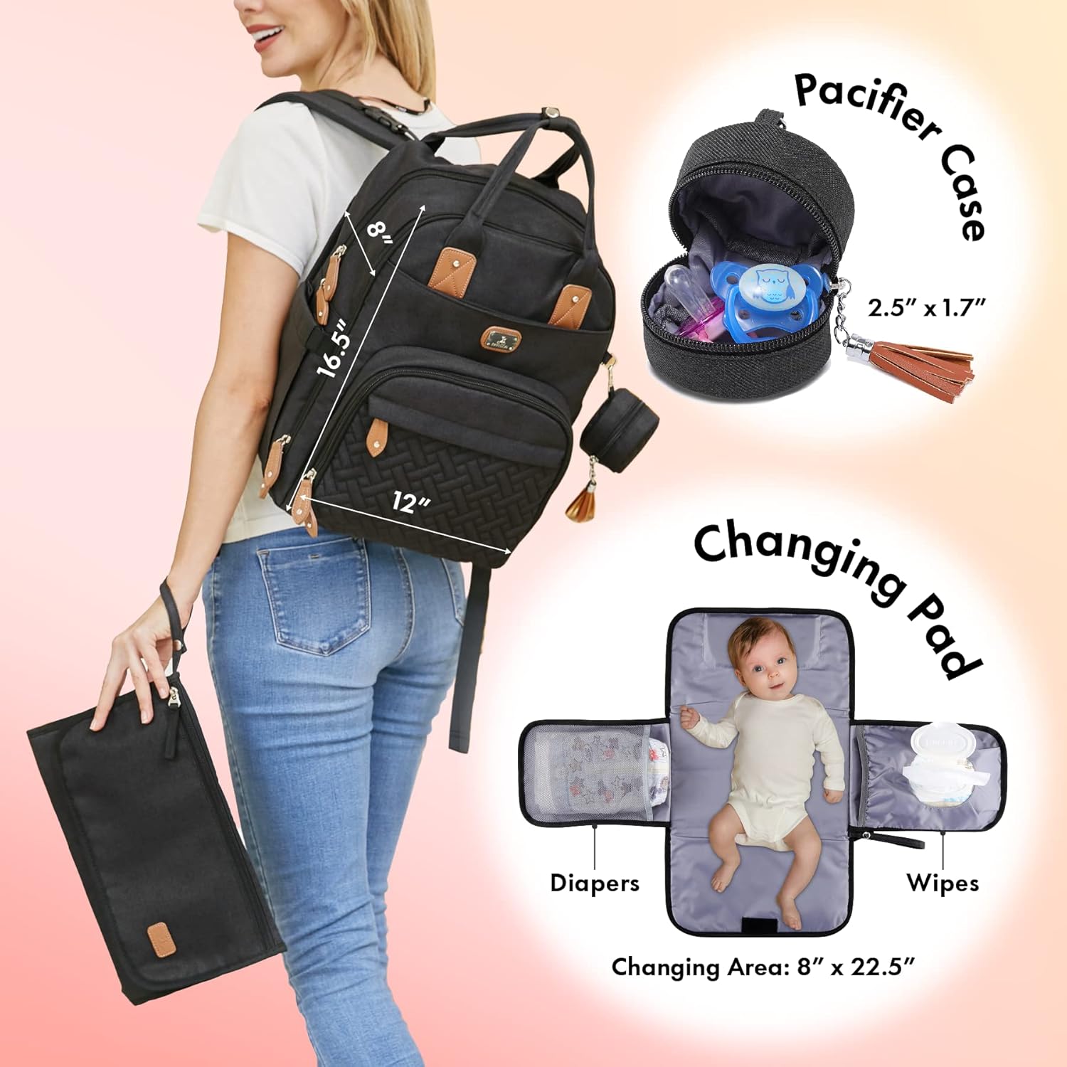 Dikaslon – Mochila para pañales con cambiador portátil, funda para chupete y correas para cochecito, bolsas de bebé unisex grandes para niños y