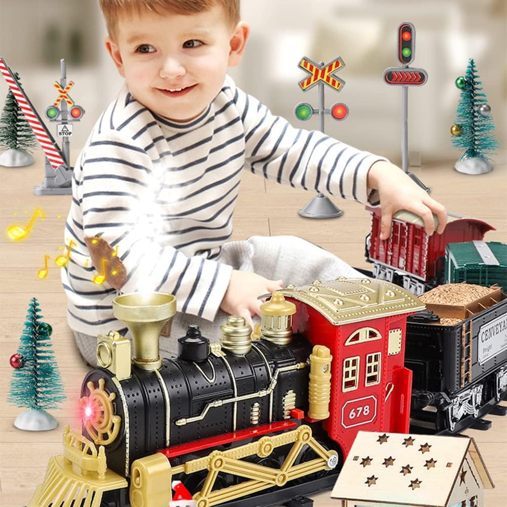 Juegos de tren de Navidad para debajo del árbol, tren de locomotora de vapor eléctrico con luces, música, funciona con pilas, juego para niños y