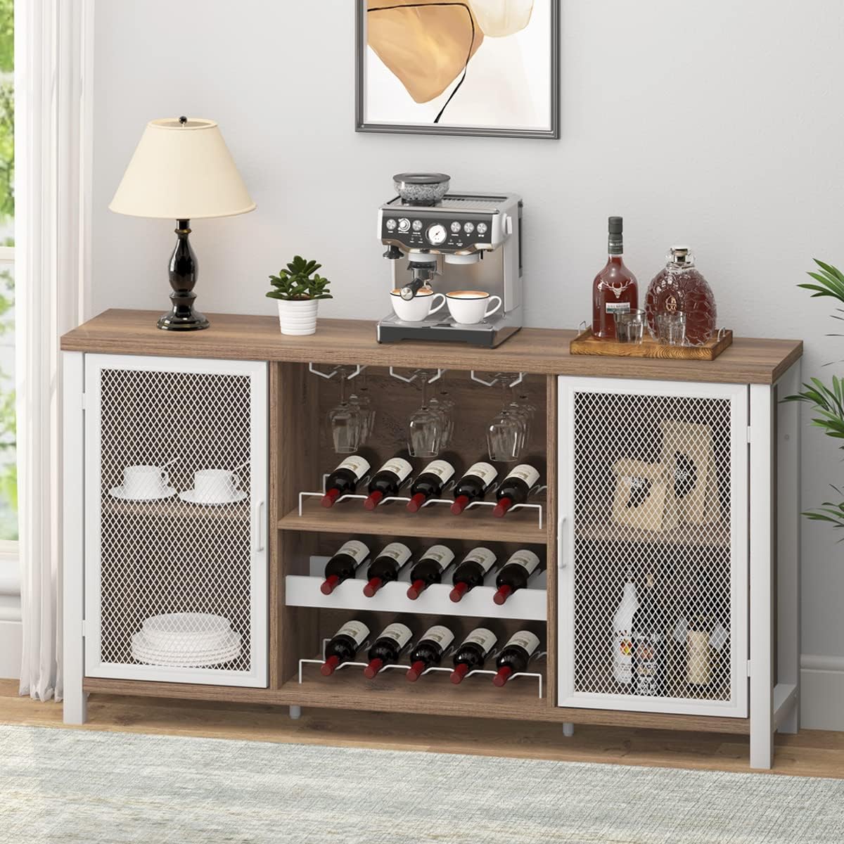 IBF Gabinete de bar de vino, gabinete de licor de granja para licor y vasos, aparador de buffet con estante de almacenamiento, soporte de madera