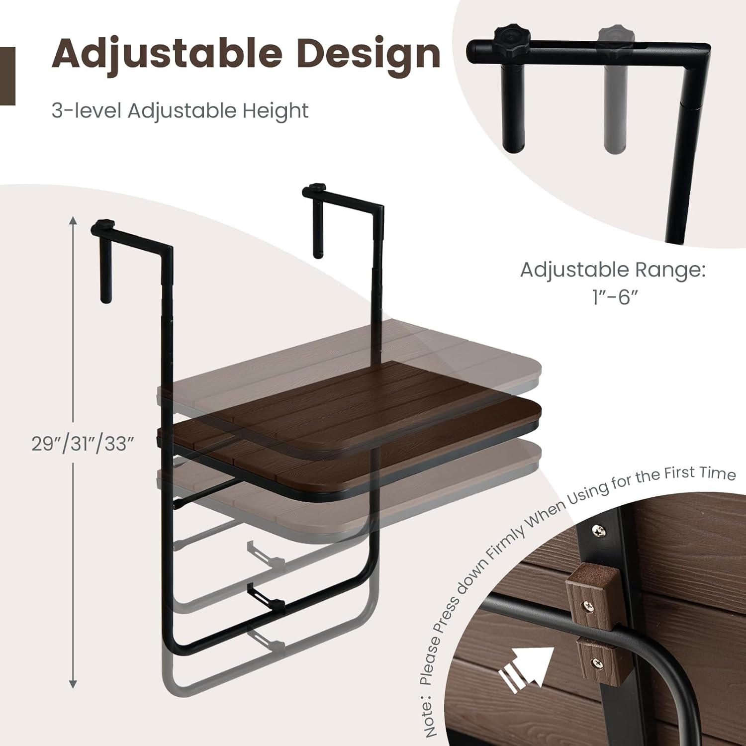 Tangkula Mesa colgante para interiores y exteriores, mesa plegable con altura ajustable de 3 niveles, barandilla de 1 a 6 pulgadas, mesa de servicio