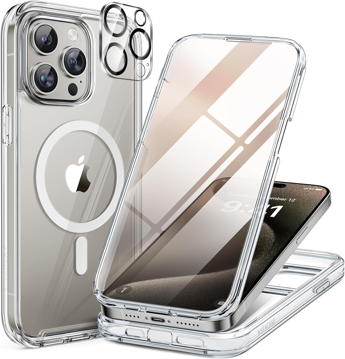Miracase Funda magnética para iPhone 15 Pro compatible con MagSafe Funda protectora de cuerpo completo con protector de pantalla de vidrio integrado