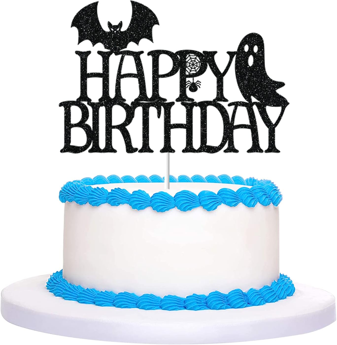 CAVLA Decoración negra con purpurina para tarta de cumpleaños de Halloween con decoración de pastel de cumpleaños de Halloween con murciélago,
