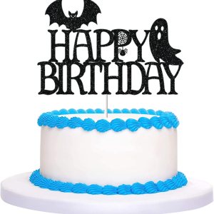 CAVLA Decoración negra con purpurina para tarta de cumpleaños de Halloween con decoración de pastel de cumpleaños de Halloween con murciélago, CAVLA Decoración negra con purpurina para tarta de cumpleaños de Halloween con decoración de pastel de cumpleaños de Halloween con murciélago,