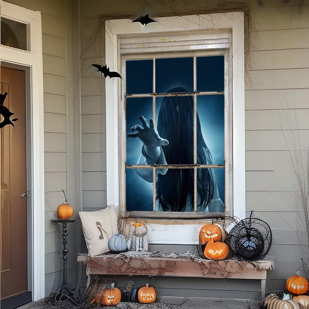 Decoración de ventana de Halloween, cortina de fantasma femenino, decoración aterradora para la pared de la puerta de la ventana, decoración de