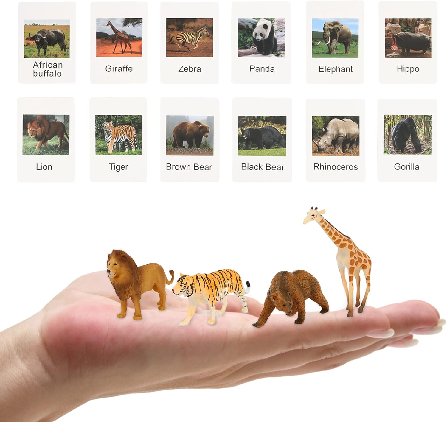 Juego a juego de animales con tarjetas flash, figuras de animales realistas, juguetes de animales salvajes para aprendizaje educativo, actividades