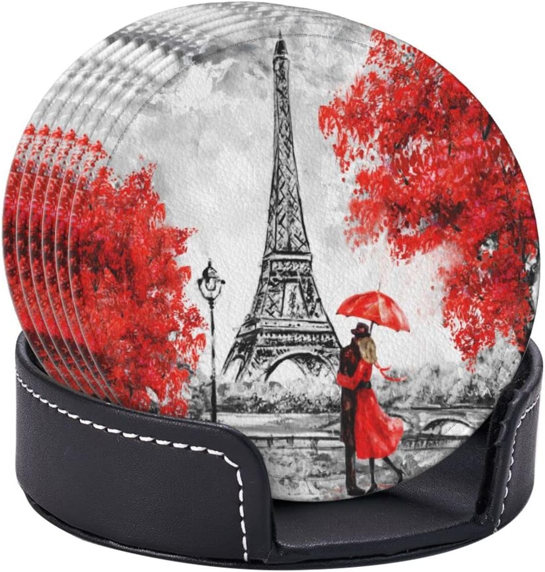 6 posavasos de cuero para bebidas con soporte rojo Eiffel Lovers París, juegos de posavasos para mesa de bebidas, posavasos para cocina, decoración