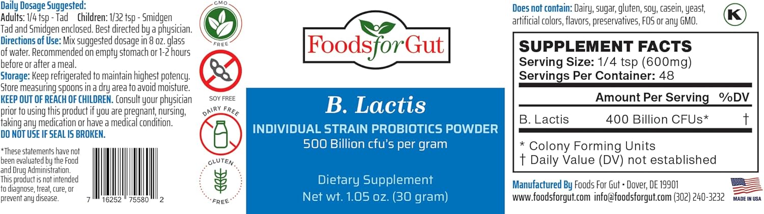 Foods For Gut Bifidobacterium Lactis Probiotic Powder 500 mil millones de ufc de 1.06 oz  Apoyo digestivo e inmunológico  Alta potencia  B. Lactis