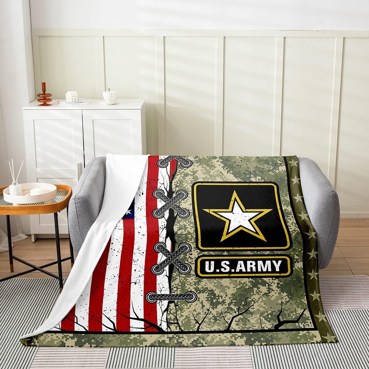 Erosebridal Manta de bandera estadounidense tamaño Queen de 90 x 90 pulgadas para adultos y niños, manta de camuflaje verde militar, manta de forro
