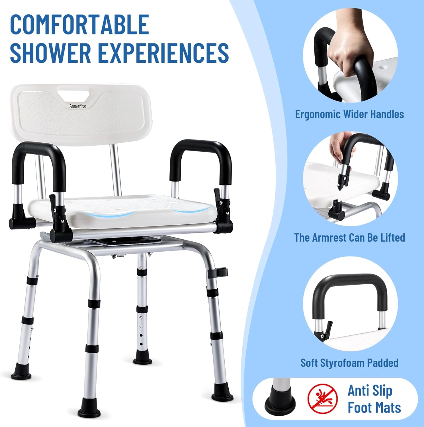 Ameierlive – Silla de ducha con reposabrazos y respaldo para ducha interior, asientos de baño con rotación de 360 para ancianos, discapacitados,