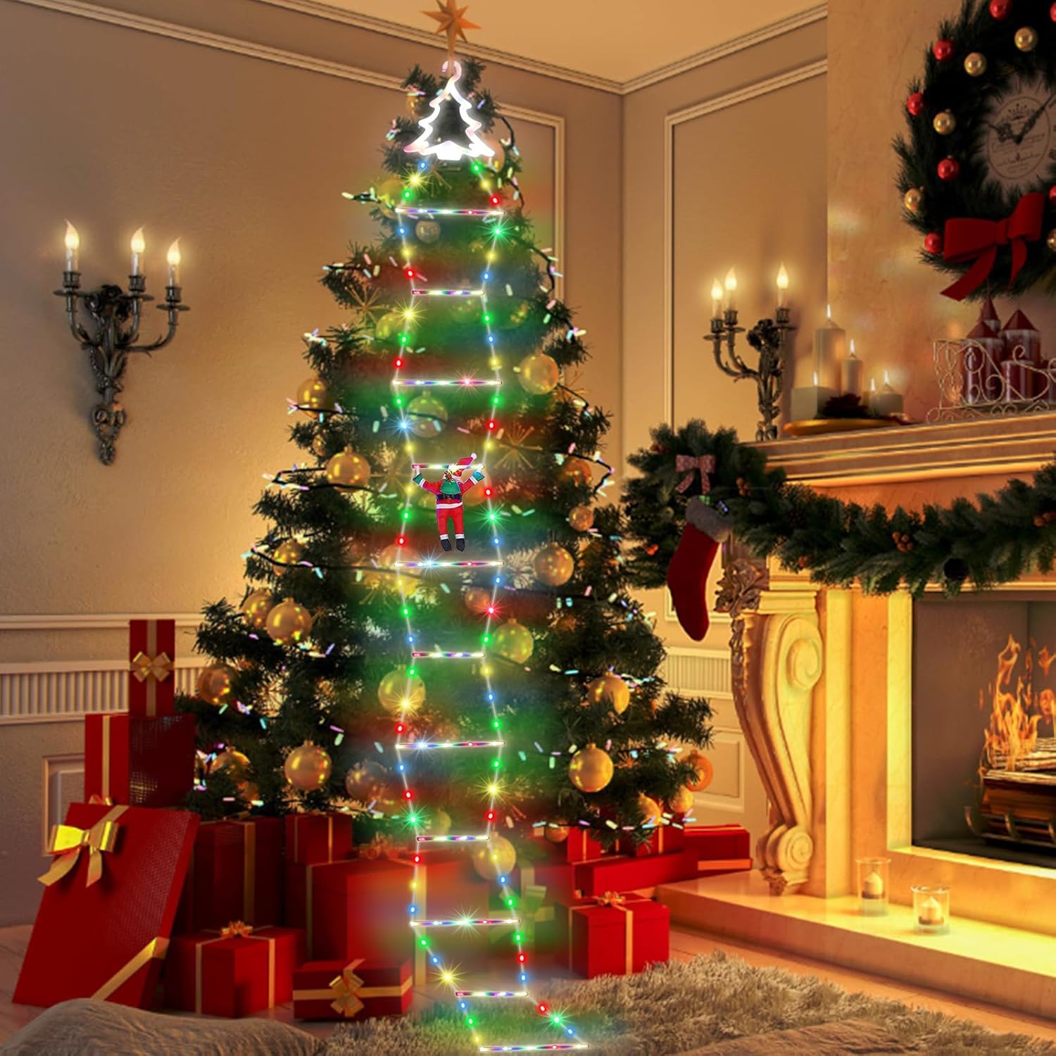 Luces de decoración de Navidad LED para exteriores, luces de escalera de ZHOLAH de 12 pies con Papá Noel trepador, multicolor, 8 modos de luz