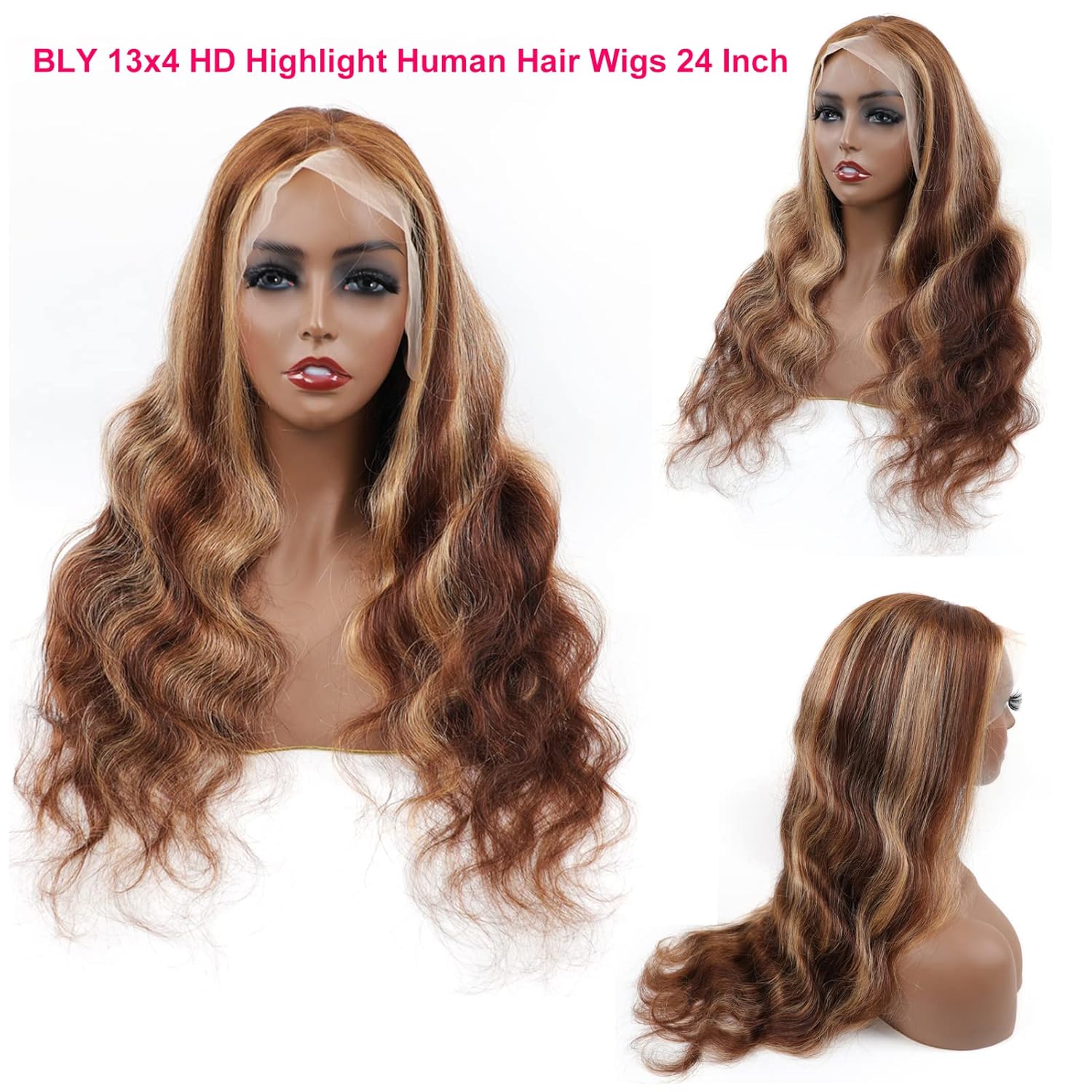 BLY Pelucas de cabello humano con encaje frontal transparente HD de 13 x 4, densidad del 250 %, peluca de cabello humano con reflejos degradados, 24