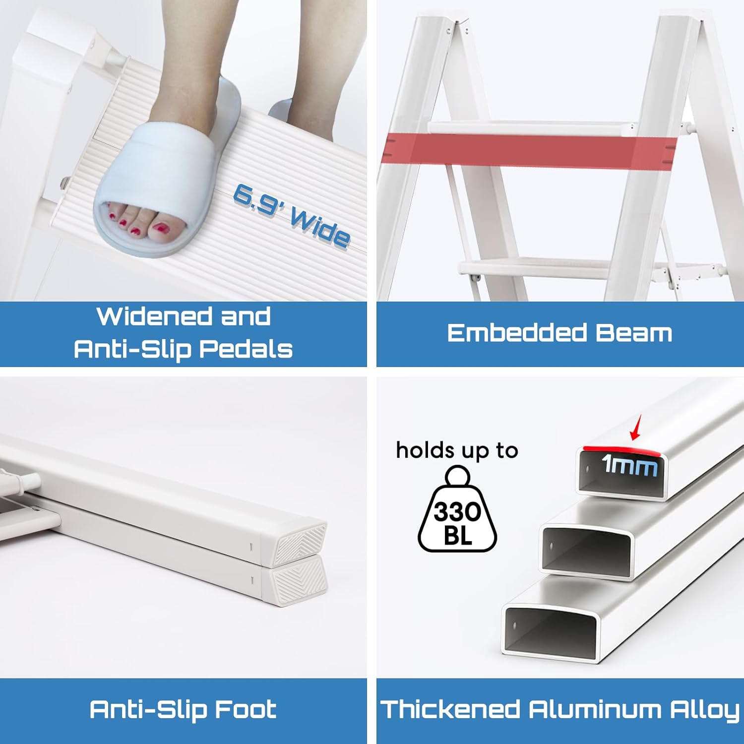 Escalera de 3 escalones, taburete plegable portátil ligero con pedal antideslizante resistente y ancho, capacidad de 330 libras, escalera de