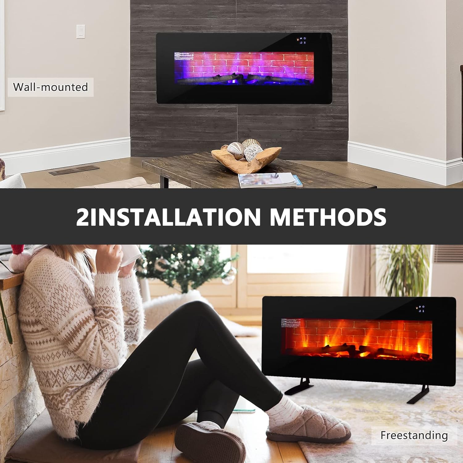 COSTWAY Chimenea eléctrica de 42 pulgadas, calentador de chimenea independiente y montado en la pared con control remoto, temperatura ajustable de