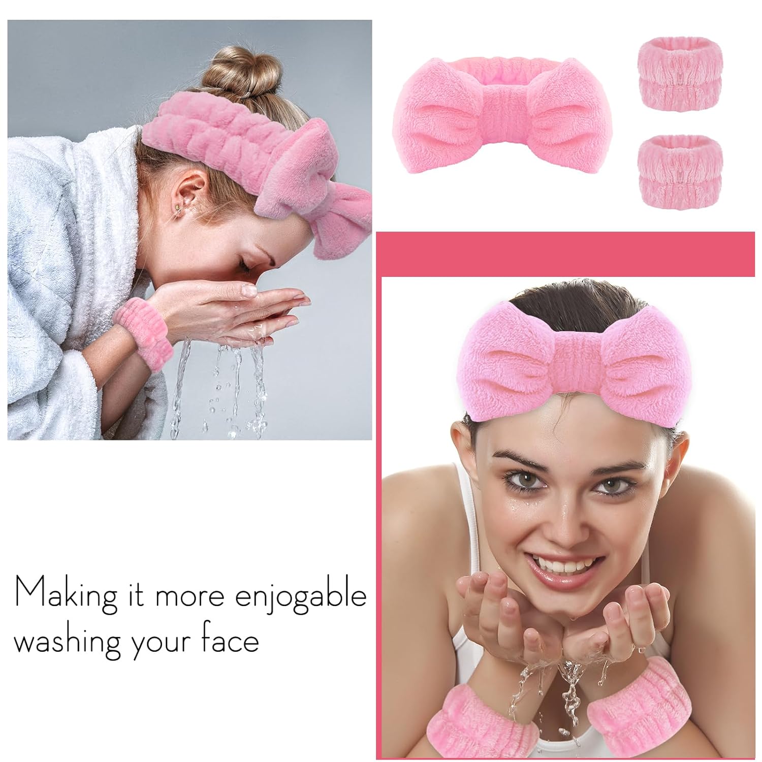 WSYUB Diadema para lavar la cara, juego de diadema y pulsera, diadema de spa y pulsera, rosa