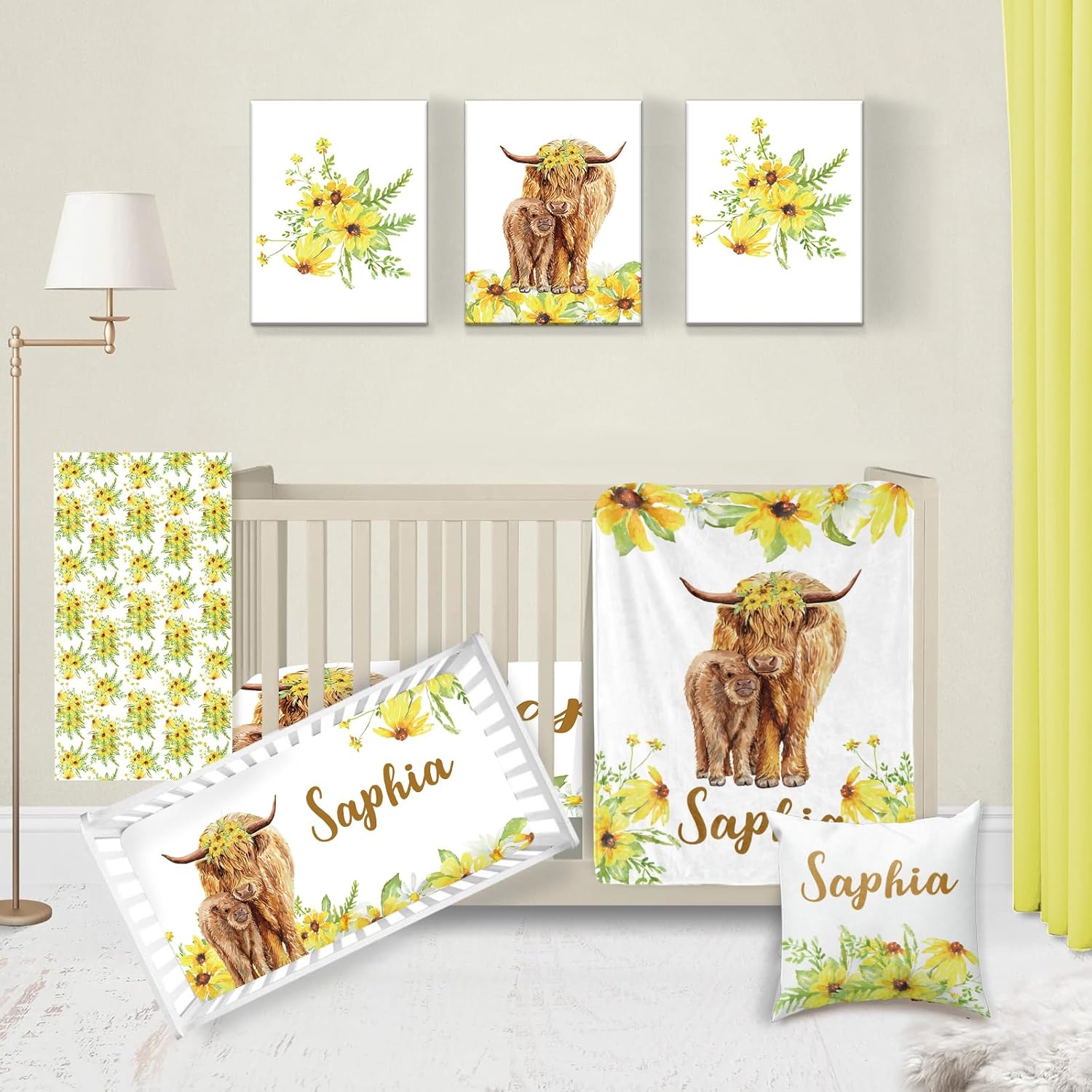 Juego de ropa de cama personalizado para cuna de vaca de las tierras altas amarillas para bebé, juegos de cuna de bebé personalizados con nombre,