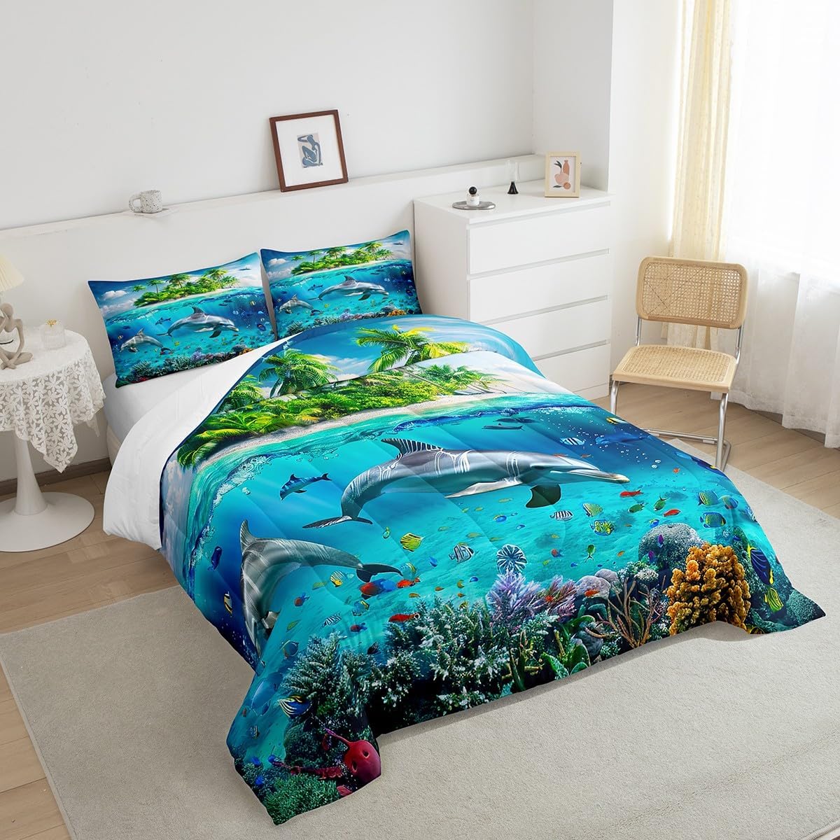 Underwater World – Juego de ropa de cama con relleno de edredón de playa hawaiana, tamaño Queen, isla mediterránea, juego de edredón tropical de