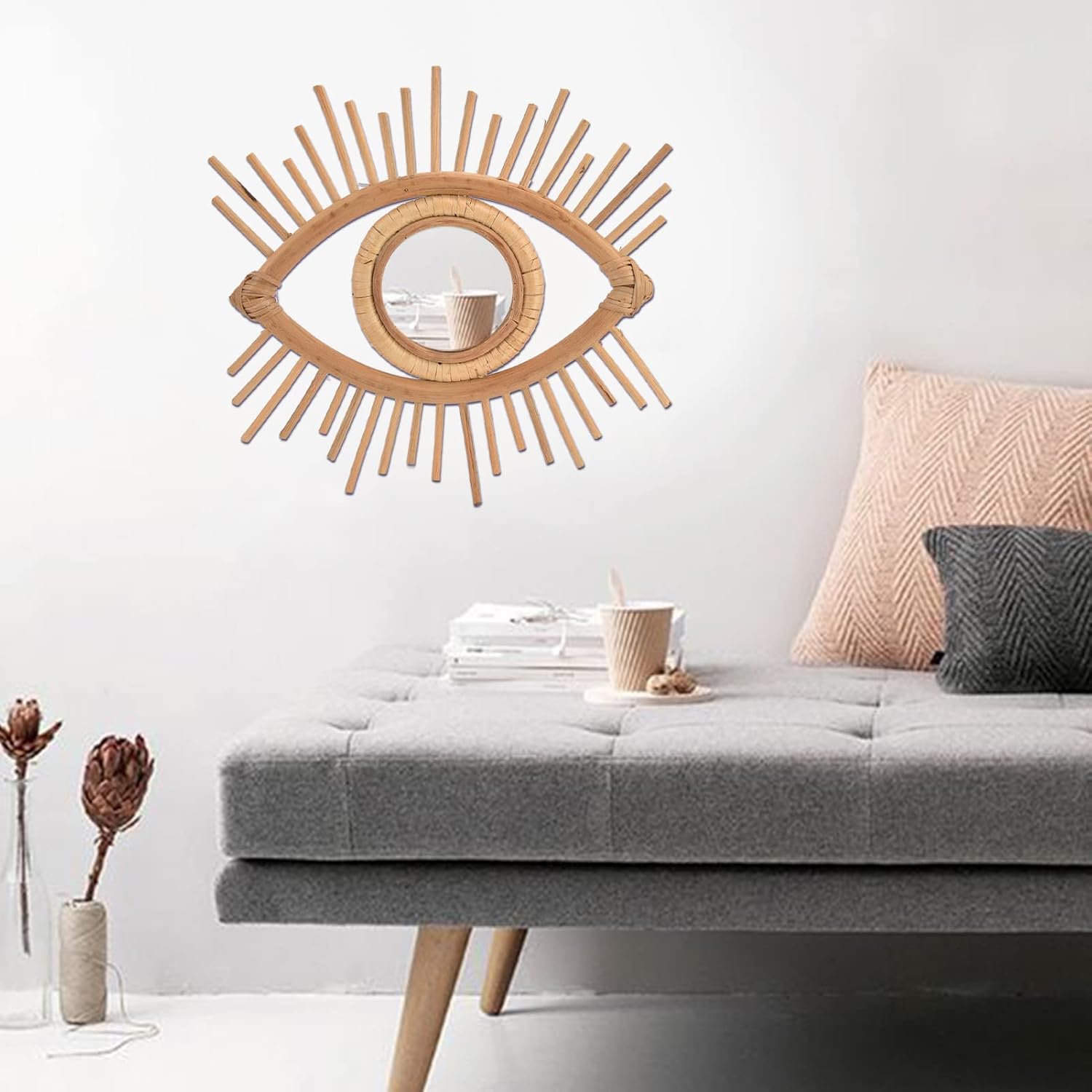 HERCHR Espejo de ratán para decoración de pared, espejos de ratán para pared, espejo bohemio para colgar en la pared, decoración de vidrio colgante