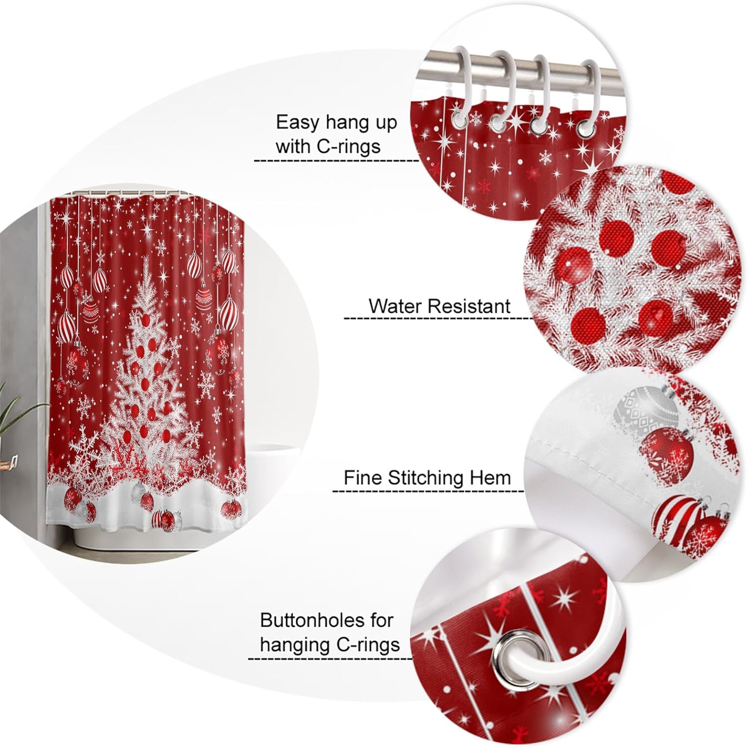 Cortina de ducha de árbol de Navidad con 12 ganchos, impermeable, bolas de Navidad rojas, cortina de baño para baño, decoración de bañera, juego de