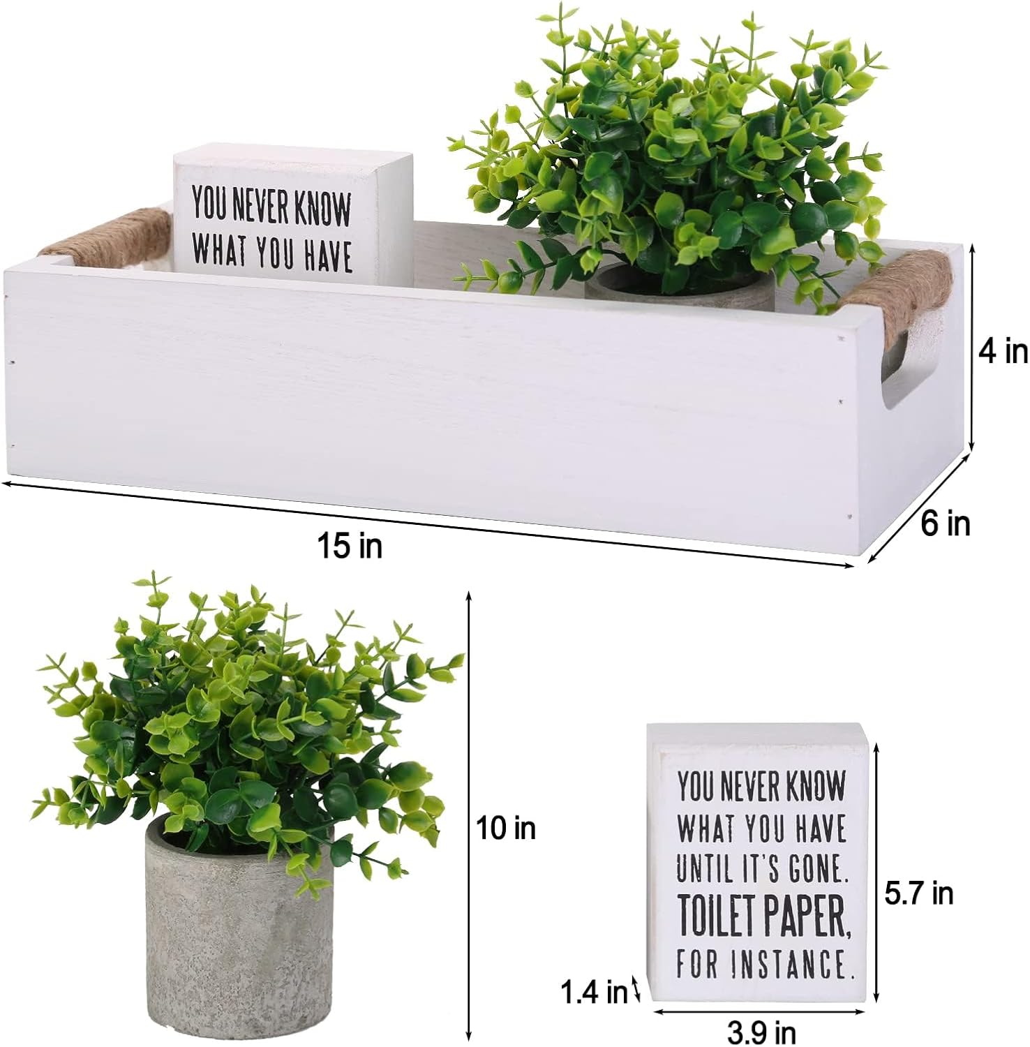 Caja de decoración de baño, cesta organizadora de papel higiénico con divertido letrero de doble cara y flores artificiales, juego de 3 bandejas de