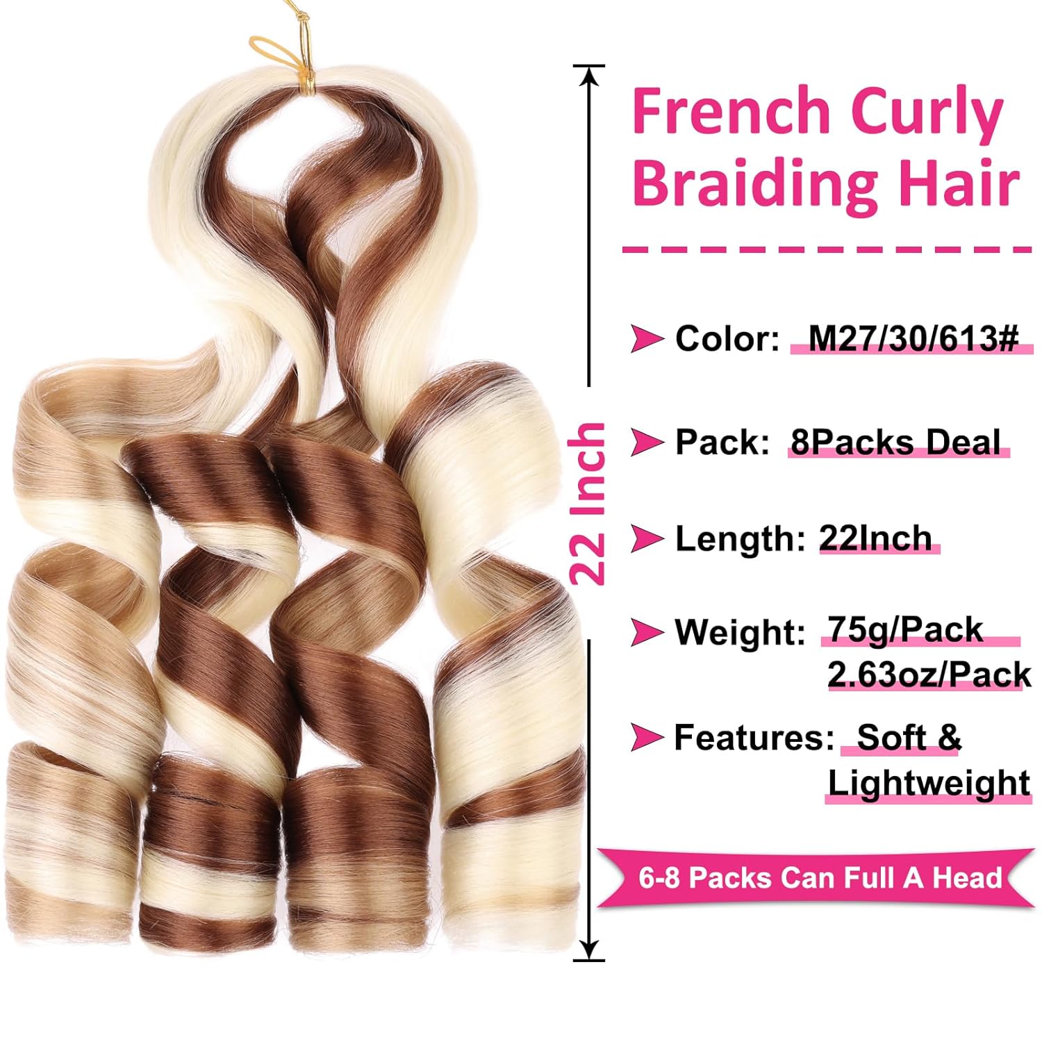 Unionbeauty – Cabello trenzado francés de 22 pulgadas, ondulado con volumen, cabello rizado preestirado, trenzas francesas, 8 paquetes de trenzas
