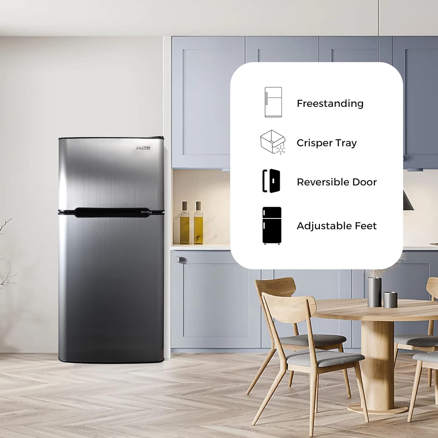 Equator Advanced Appliances Conserv Refrigerador compacto de 2 puertas de 19 pulgadas de acero inoxidable 4.5cf puerta reversible 110V