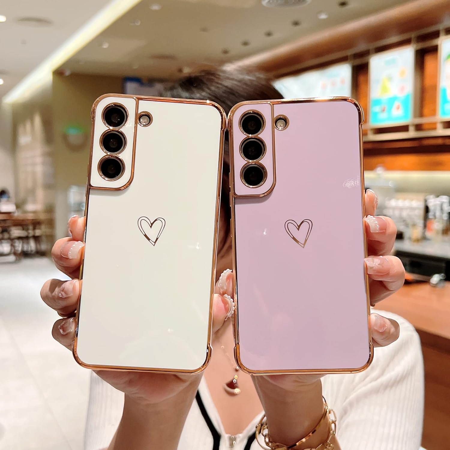 ZTOFERA Funda para Samsung Galaxy S21 5G, lindo borde chapado con patrón de corazones de amor con protección de lente de cámara, funda para Galaxy