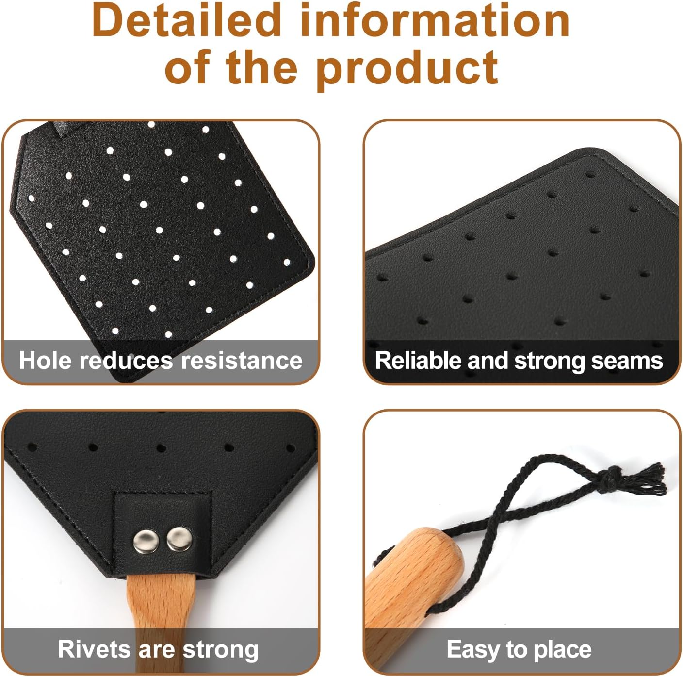 2 matamoscas de cuero para colgar, 19.5 pulgadas de largo, resistente matamoscas manual con mango de madera, atrapa avispas para interiores y