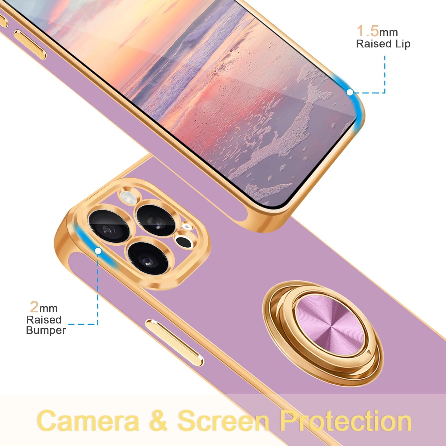 Fingic Funda para iPhone 15 Pro con soporte de anillo giratorio de 360 soporte magnético para automóvil chapado en oro brillante Funda protectora