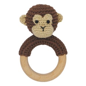 Juguetes de sonajero de madera de animales de safari para bebé, sonajero de ganchillo relleno con anillo de mordedor para recién nacido, mono marrón Juguetes de sonajero de madera de animales de safari para bebé, sonajero de ganchillo relleno con anillo de mordedor para recién nacido, mono marrón