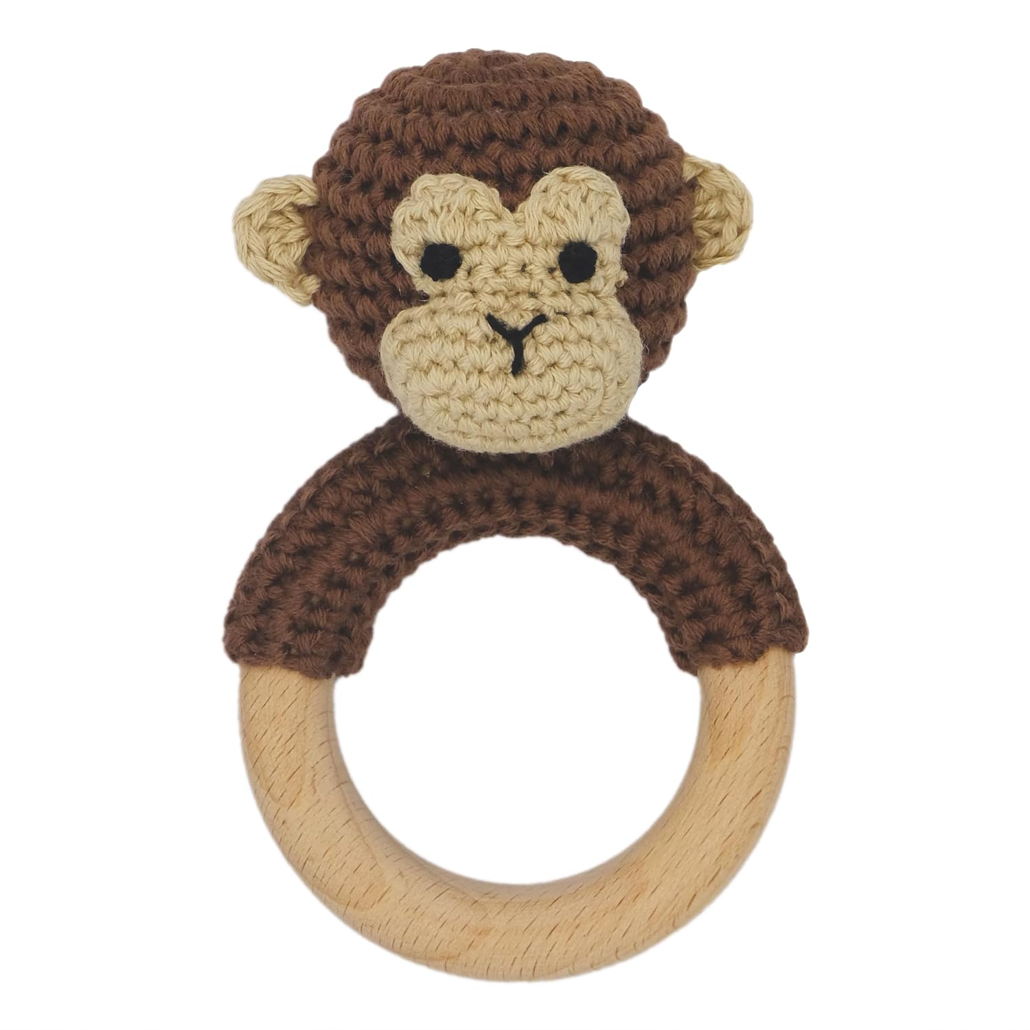 Juguetes de sonajero de madera de animales de safari para bebé, sonajero de ganchillo relleno con anillo de mordedor para recién nacido, mono marrón