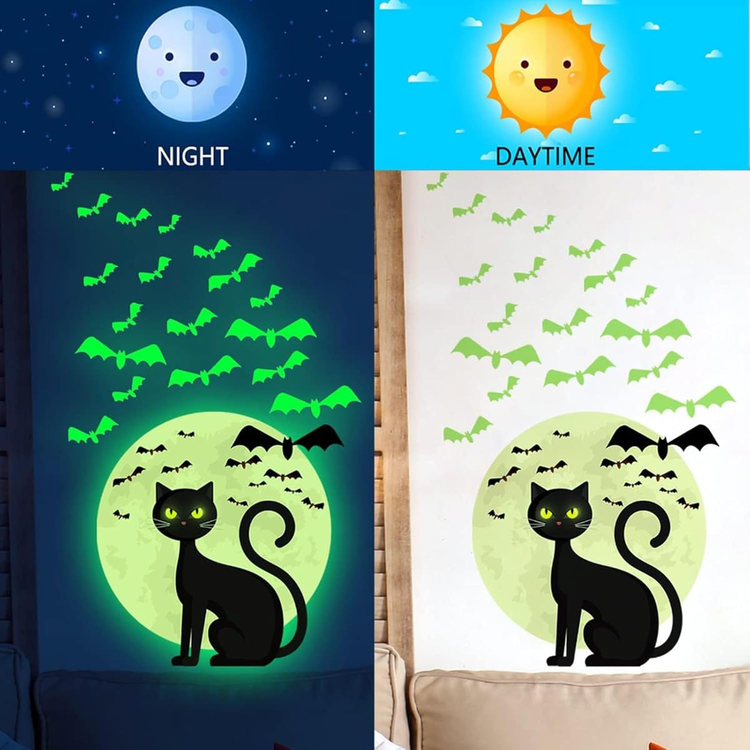 Calcomanías de pared de Halloween que brillan en la oscuridad, calcomanías luminosas para ventana de Halloween, calcomanías de ventana de gato,