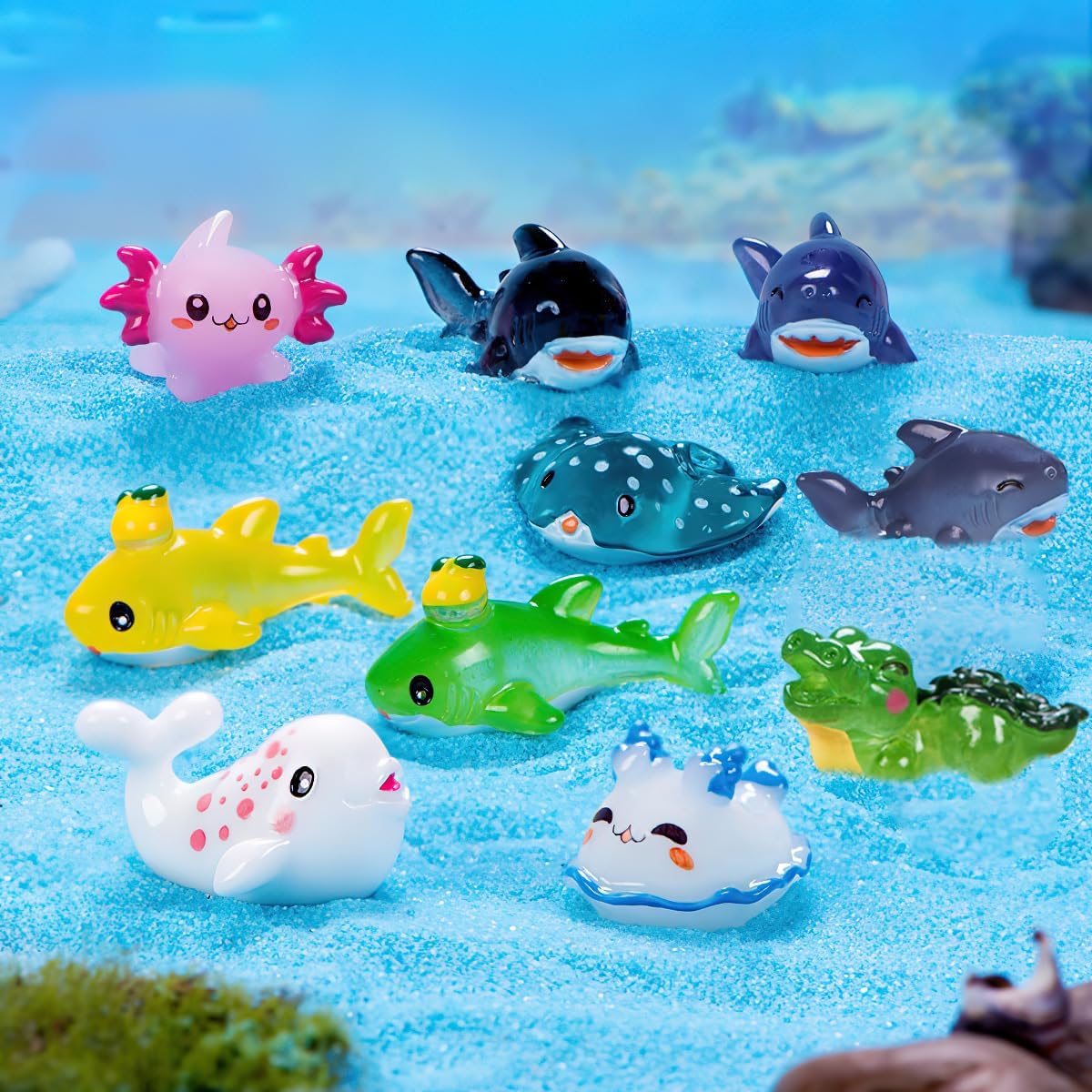 20 mini figuras de océano, mini figuras de resina con temática oceánica, adornos de acuario, pequeños animales de resina de micropaisaje para