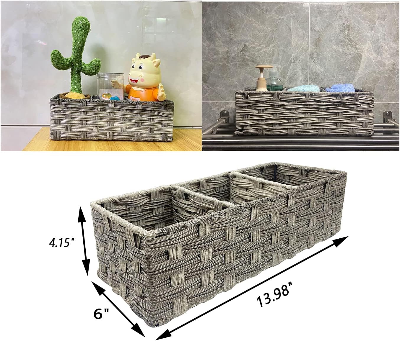 Bandeja de papel higiénico de 3 secciones, cestas de almacenamiento impermeables para tanque de inodoro, decoración rústica de baño, organizador de