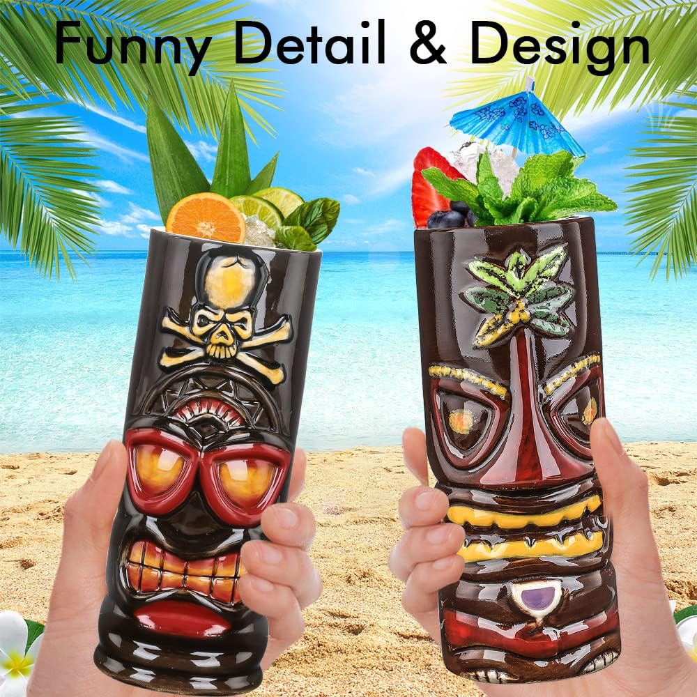 Juego de 4 tazas Tiki de cerámica grandes Tiki tazas hawaianas Luau para fiestas, tazas Tiki Bar para cócteles