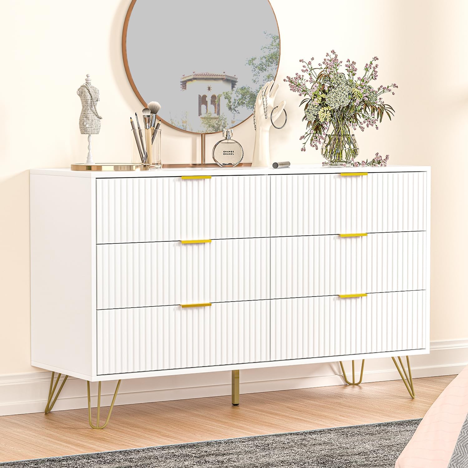 FURNIWAY Cómoda blanca, cómoda moderna de 6 cajones para dormitorio con asas doradas, cómoda ancha para sala de estar