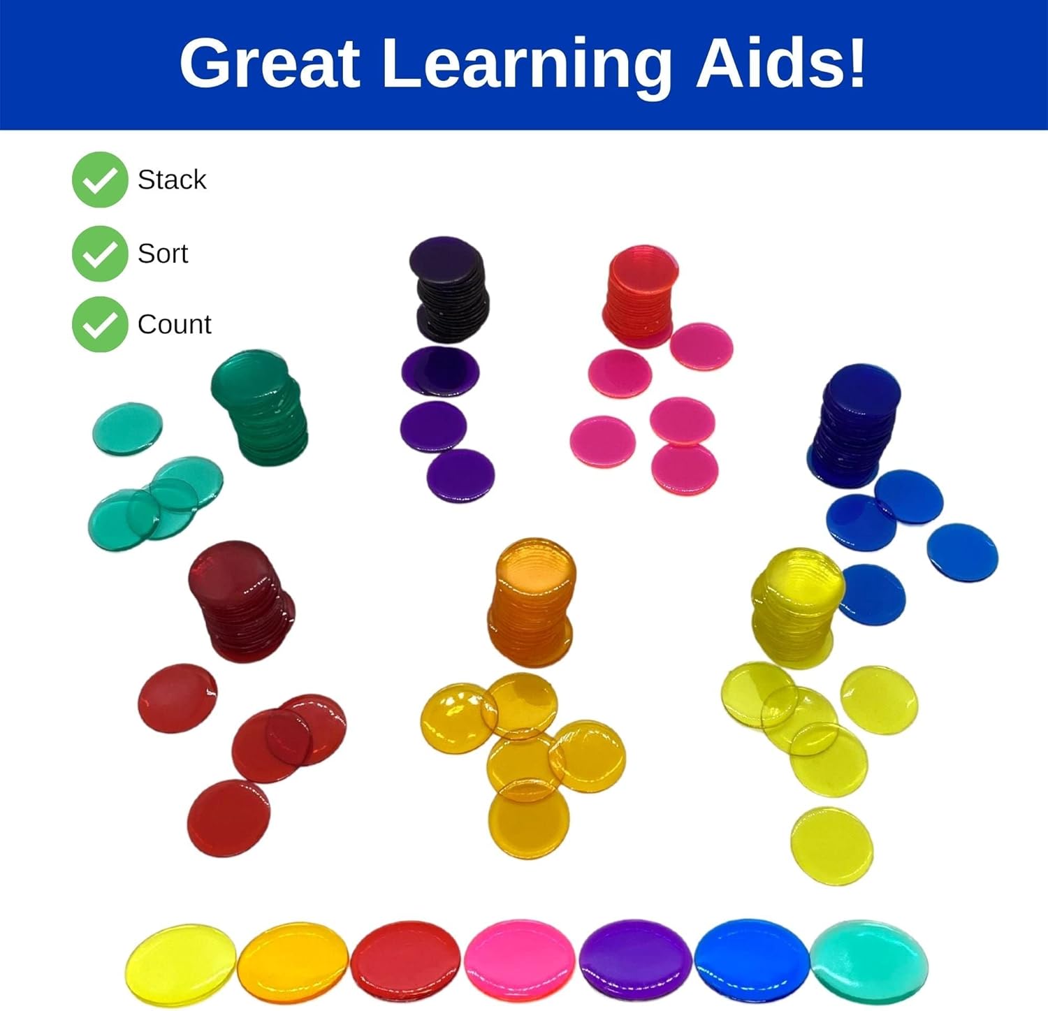 MR CHIPS Fichas de bingo de plástico para juegos de bingo, bolsa de 250 unidades, chips de conteo de colores sólidos y transparentes, azul