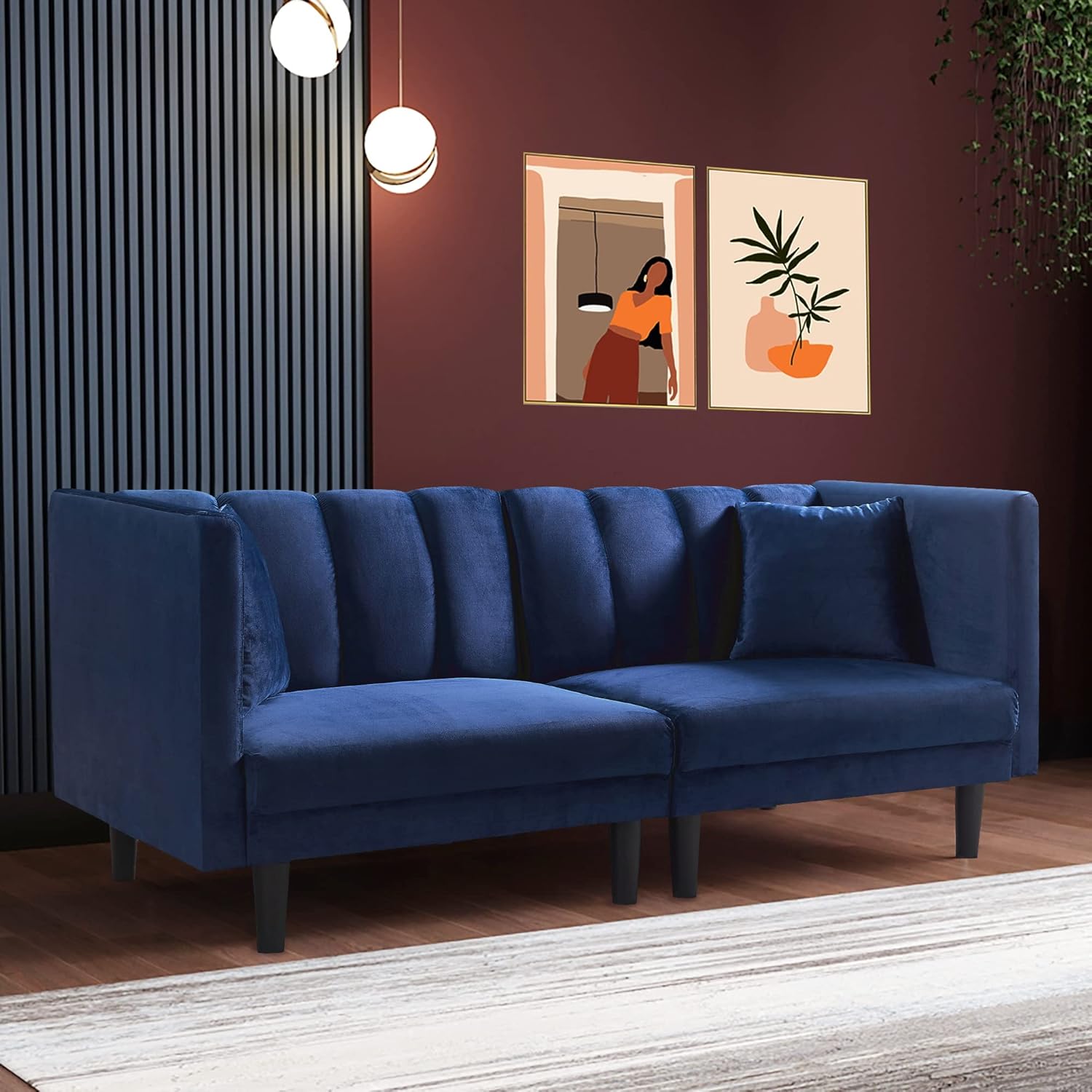 Terciopelo convertible, 2 almohadas modernas, 3 ángulos ajustables para respaldo, sofá de sala de estar con 7 patas de metal resistentes, sofá