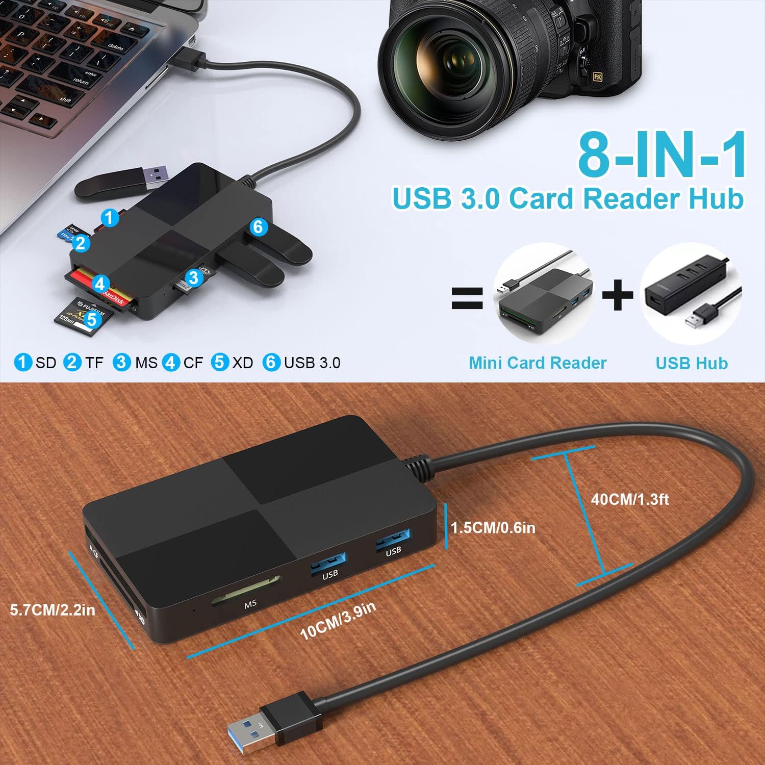 Lector de tarjetas USB 3.0 para PC, lector de tarjetas de imagen XD Adaptador USB con 5 ranuras para tarjetas y 3 USB 3.0 para SD TF CF XD MS