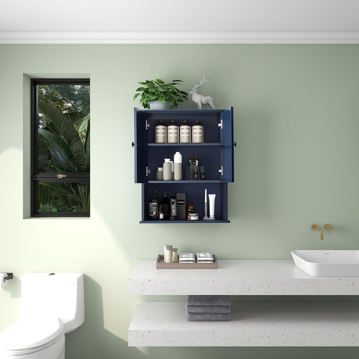 Armario de baño azul montado en la pared, botiquines de madera sobre inodoro, gabinete de almacenamiento de 24 x 30 pulgadas, gabinete de pared