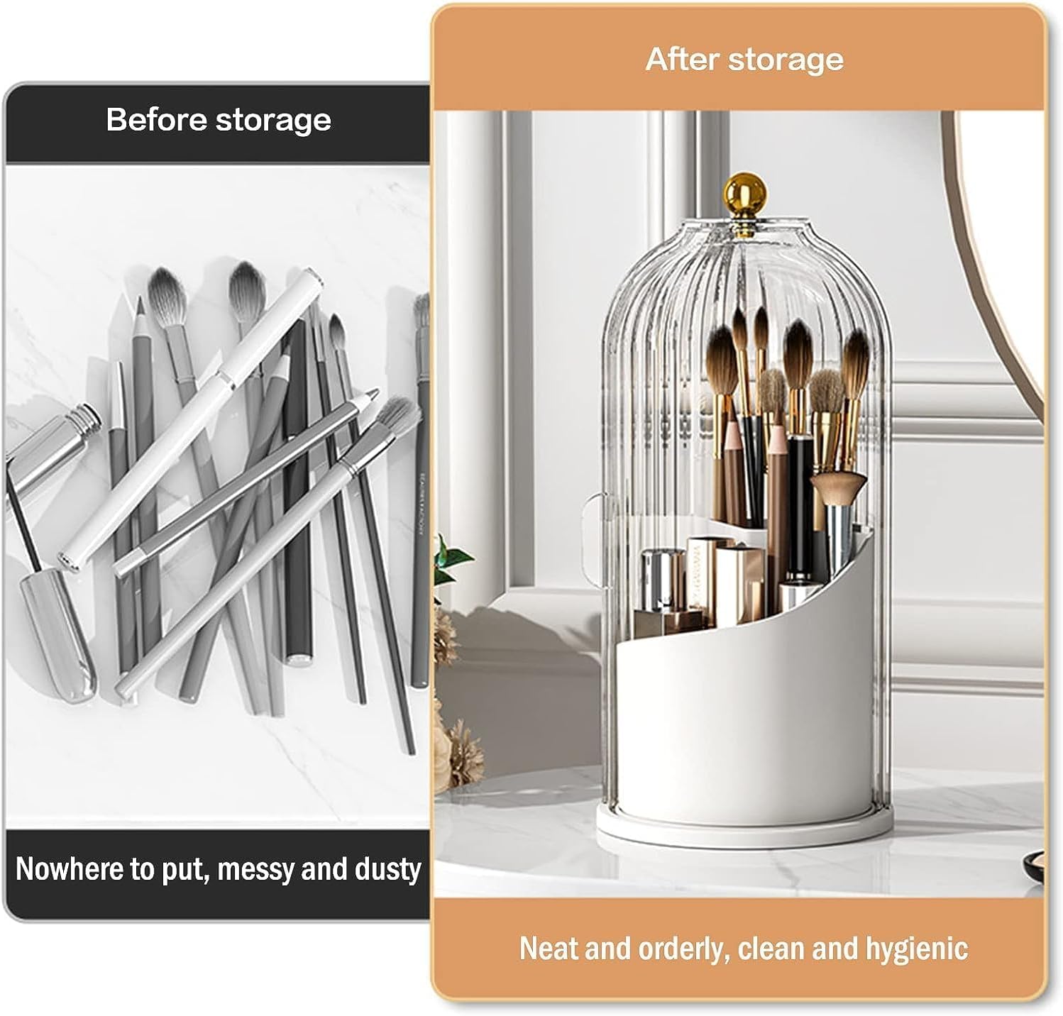 LELEBEAR Soulona Organizador de maquillaje, Soulona Elegante organizador de maquillaje giratorio de 360, soporte para brochas de maquillaje cubierto
