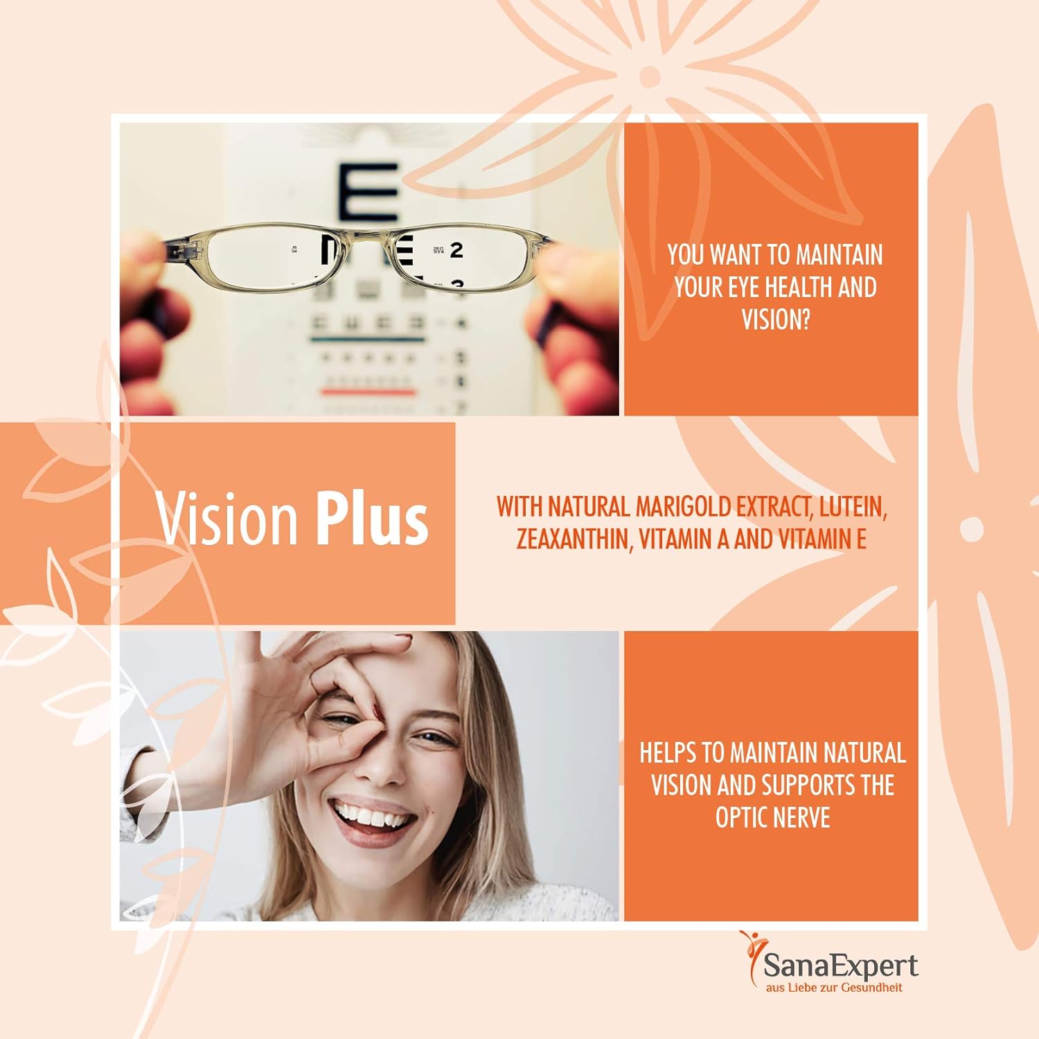 SanaExpert Vision Plus, Suplemento para el nervio óptico, la visión y la salud ocular, con caléndula, luteína, zeaxantina, coenzima Q10, vitaminas A