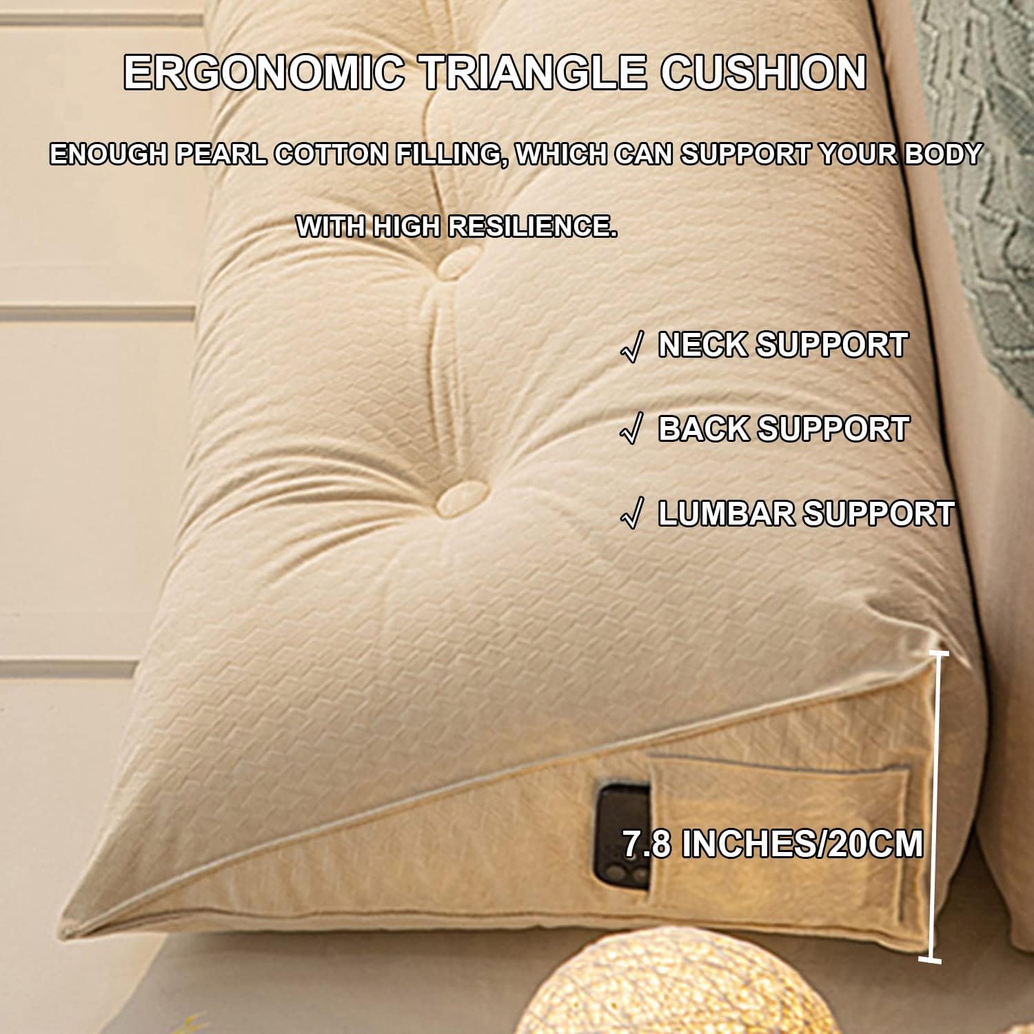 ZZYK Almohada grande de cuña de lectura, cojín de terciopelo para cabecero, respaldo triangular, color liso, para cama de día, litera, con funda