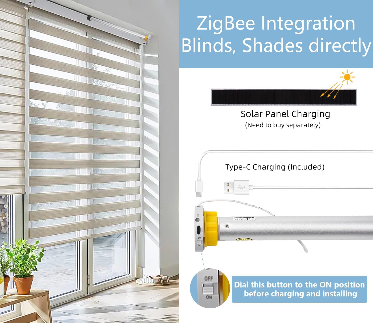 Zigbee – Motor de persianas enrollables recargables para tubo de 1.496 pulgadas1.772 pulgadas, persianas motorizadas compatibles con Alexa